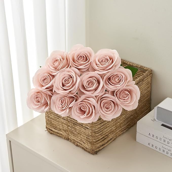 12pcs Roses Artificial Flowers Fake Roses Dusty Pink Silk Roses White Silk Flowers Rose with Long Stems for Wedding Home Party Centerpieces Decorations