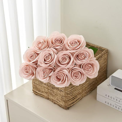 12pcs Roses Artificial Flowers Fake Roses Dusty Pink Silk Roses White Silk Flowers Rose with Long Stems for Wedding Home Party Centerpieces Decorations