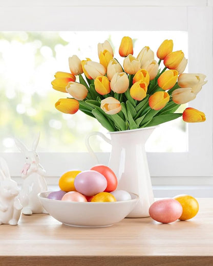 MACTING 30 PCS Artificial Tulip Flowers 13.7" Real Touch Fake PU Tulips Bouquet Faux Flowers for Floral Arrangements Table Centerpiece Home Kitchen Indoor Outdoor Summer Decor (Mix Yellow)