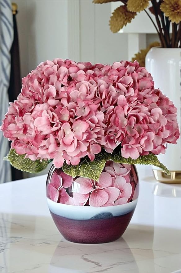 2Bouquets Artificial Fake Flowers Plants Silk Hydrangea Arrangements Wedding Bouquets Decorations Plastic Floral Home Kitchen Garden Party Festival Bar DIY(Grey Pink, 5 Flower Heads)