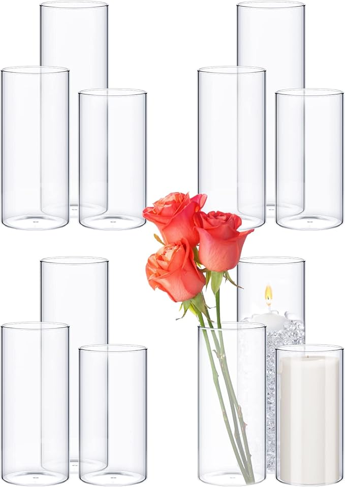 12 Pcs Cylinder Vases Set for Centerpieces, 6/8/10 Inch Tall Clear Glass Vase, Hurricane Floating Candle Holder for Wedding Table Decor, 2.5''/2.7''/3.3''' Diameter (3.3'' X 5.9'',7.9'',9.8'')