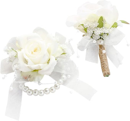 Floroom Ivory Rose Wrist Corsage Bracelet Wristlet Band and Men Boutonniere Set for White Wedding Flower Accessories Prom Suits