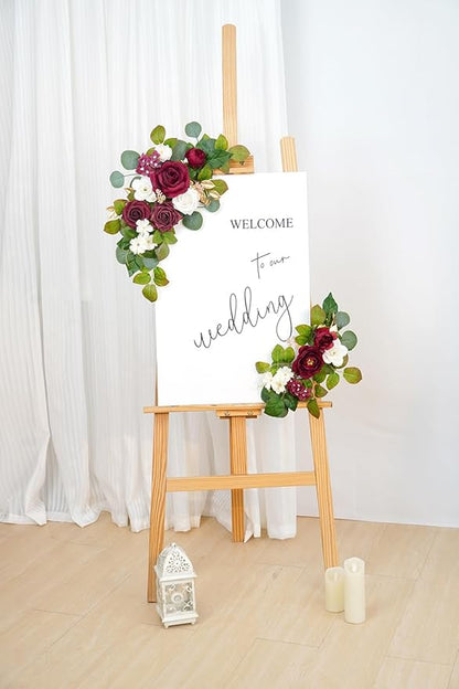 WEIERYUE(Pack of 2 Artificial Flowers Decorations,Artificial Arch Backdrop Garlandfor Ceremony Party Reception Entrance Welcome Easel Door Floral Decor Wall Home Entryway Outdoor(Wine red)