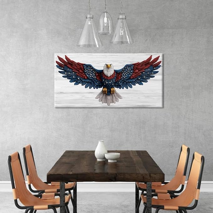 Bald Eagle Canvas Wall Art American Eagle Wall Décor -American Bald Red Blue Flag Canvas Wall Art Usa Independence Day Prints Painting Ready to Hang for Living Room, Bedroom, Office, Dorm '40L" x 20W"
