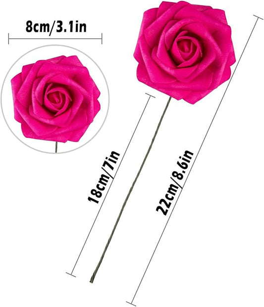 25pcs Artificial Flower Foam Rose Real Touch Roses Flower Heads with Stem for DIY Wedding Bouquets Centerpieces Arrangements Party Baby Shower Home Decor (Hot Pink)