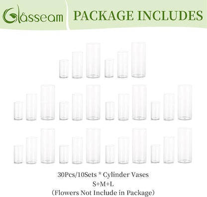 Cylinder Glass Vase Set of 30, Cylinder Vases for Centerpieces Bulk, Modern Clear Hurricane Candle Holders for Pillar Candles, Wedding Flower Vases for Floating Candle Table Decorations
