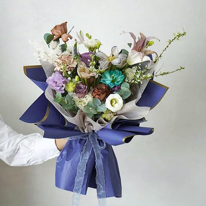 WRAPAHOLIC 20 Sheets Flower Wrapping Paper - 22.4 x 22.4 inch Blue with Gold Edge Water-Resistant Floral Bouquet Wrapping Paper, Florist Supplies Packaging Paper for Wedding Birthday Gift DIY
