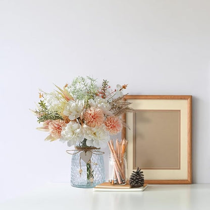 Silk Flowers with Vase, Artificial Flowers Arrangement with Glass Vase Faux Peony Hydrangea for Decoration Table Centerpiece (Peony White Pink)