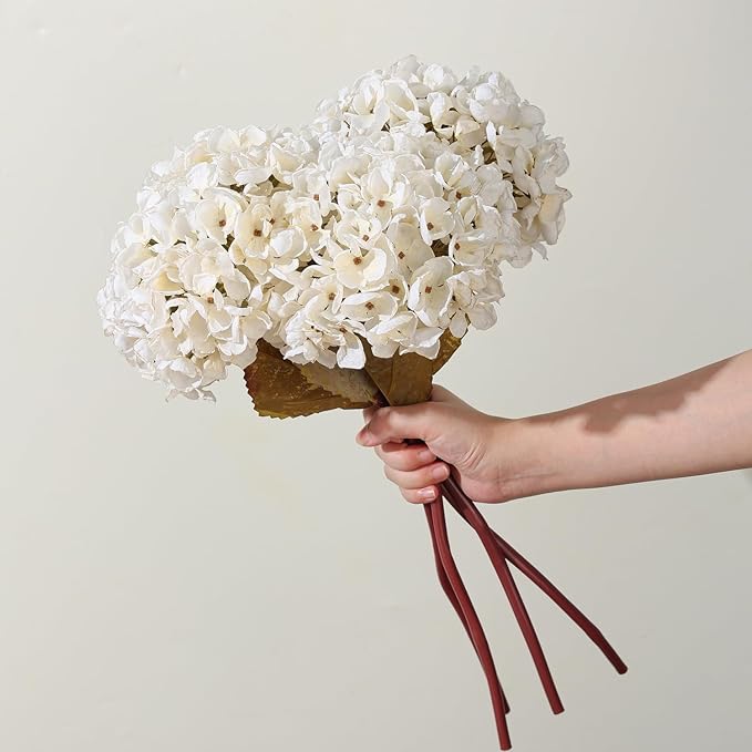 White Dried Hydrangea Flowers Artificial, Faux Fall Floral Stems for Home Decor, Wedding, Vase Fillers (White)