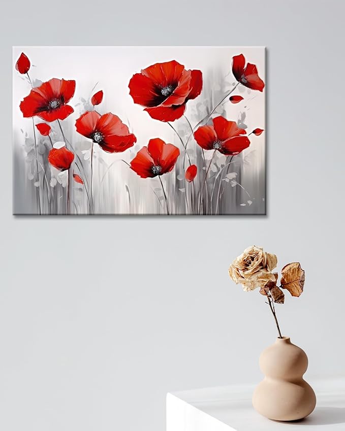 GLOKAK Red Poppies Wall Art - Modern Floral Red Poppy Flower on Grey Background Painting Poster Canvas Print Artwork For Home Bathroom Bedroom Decoration (24"x16")
