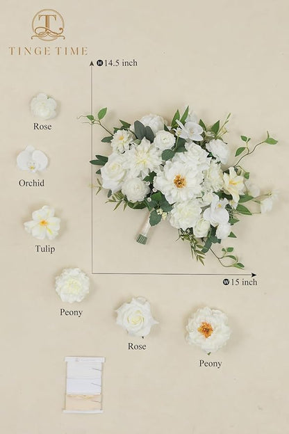 TINGE TIME 13 Inch Wedding Bouquets for Bride,Bridal Bouquet for Bride, Artificial Silk Flowers for Wedding Ceremony and Anniversary (IvoryWhite)