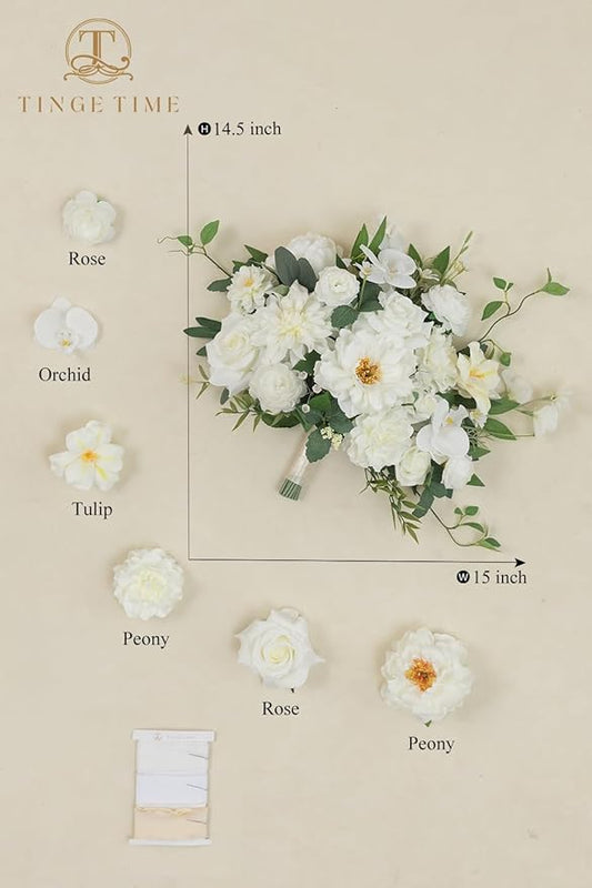 TINGE TIME 13 Inch Wedding Bouquets for Bride,Bridal Bouquet for Bride, Artificial Silk Flowers for Wedding Ceremony and Anniversary (IvoryWhite)