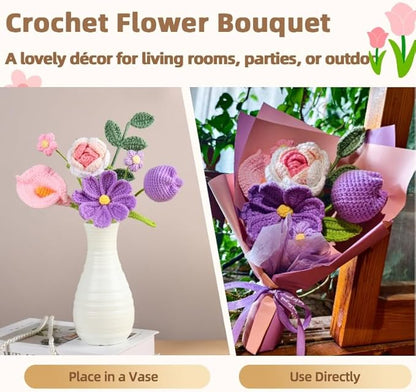 Crochet Flower Bouquet Pink Rose, Purple Tulip,Handmade Knitted Flowers for Birthday, Wedding, Anniversary, Graduation Gift for Her, Girlfriend, Wife, Womeng (Pink & Purple)
