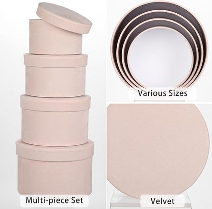 Round Gift Boxes with Lids for Presents Set of 4 Light Pink Velvet Nesting Gifts Box for Arrangements Flowers Wedding Birthday Valentines Bridesmaid Christmas Party Anniversary
