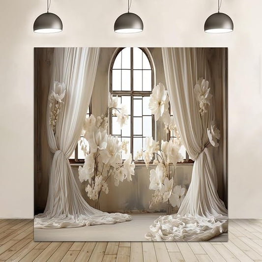 8x8ft Wedding Party Decorations Banner Backdrop Wedding Reception Photography Backdrop White Floral Flowers Curtains French Frame Photo Backgrounds Baby Shower Photo Shoot Portraits Props