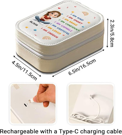 Wrappiness Girls & Women Lovely Makeup Box With LED Mirror - Personalized Jewelry Box Organizer Portable Ideal for Travel, Gift for Daughters Sisters Friends (Kind Smart Loved, Teen Girls)