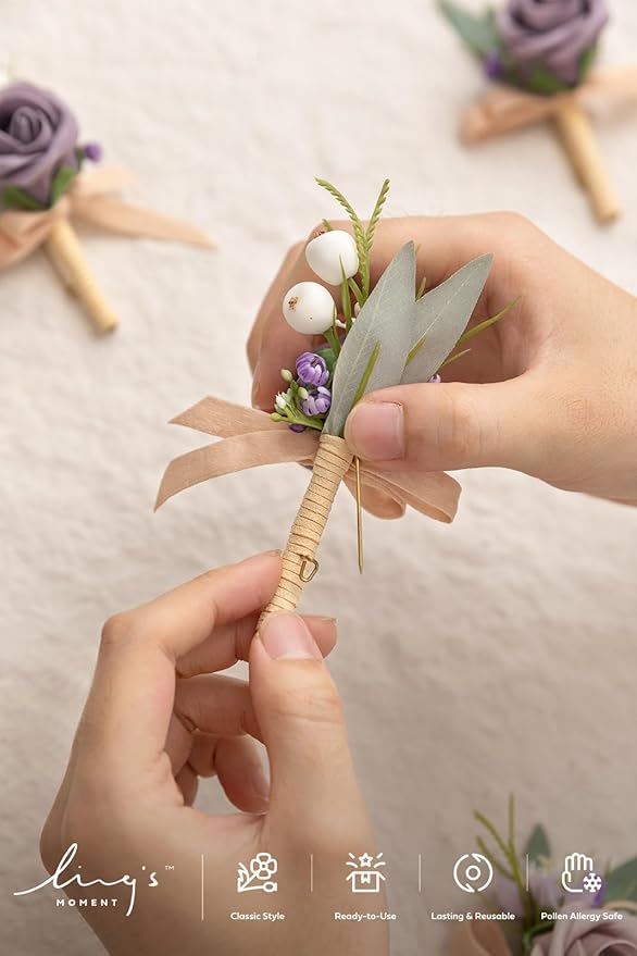 Ling's moment Boutonniere for Men, 6pcs Groom Groomsmen Boutonniere, Artificial Flowers for Wedding Decor/Prom/Homecoming, etc.Lilac Berry