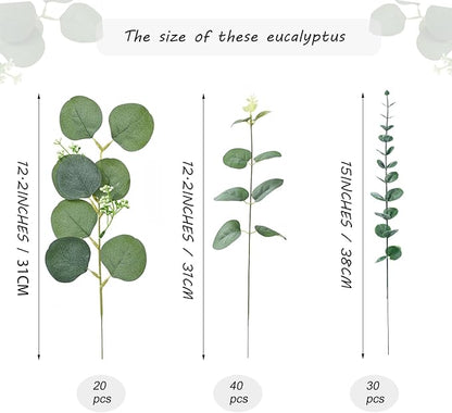 Abzo 90 Pcs 3 Kinds Mixed Eucalyptus Stems Bulk Artificial Eucalyptus Leaves Sprays Faux Oval Eucalyptus Greenery Stems for Wedding Vase DIY Bouquets Bouquet Floral Arrangement Home Decor