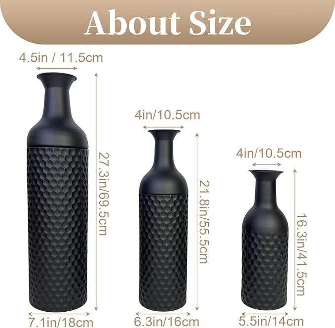 Leewadee Black Tall Floor Vase, Set of 3 Decorative 26/21/16″ Large Vases from Metal for Home Decor Living Room, Style with Pampas Grass for Modern, Vintage, Rustic or Farmhouse Room Decor