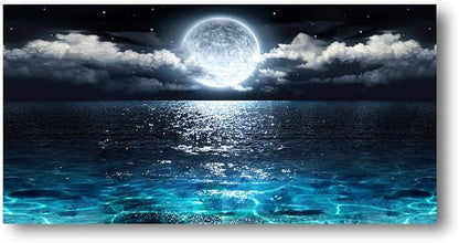 Wall Art Moon Sea Ocean Landscape Picture Canvas Wall Art Print Paintings Modern Artwork for Living Room Wall Decor and Home Décor Framed Ready to Hang,24x48inches,1inch Thick Frame,Waterproof Artwork