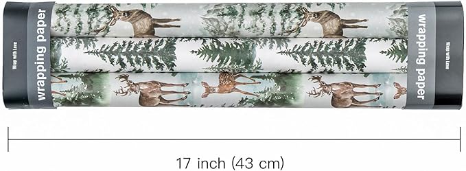 WRAPAHOLIC Kraft Christmas Wrapping Paper Roll - Mini Roll - 3 Rolls - 17 Inch x 120 Inch Per Roll - Watercolor Elk, Wild Animal and Winter Forest Landscape Holiday Collection