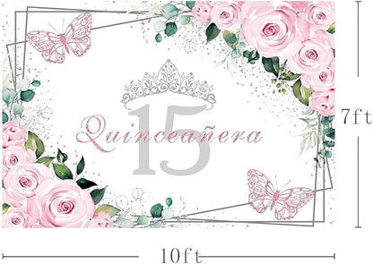 SENDY 10x7ft Quinceañera Backdrop Mis Quince 15 Anos Birthday Party Decorations Supplies for Girl Princess Pink Floral Butterfly Silver Crown Photography Background Banner Photo Booth Studio Props