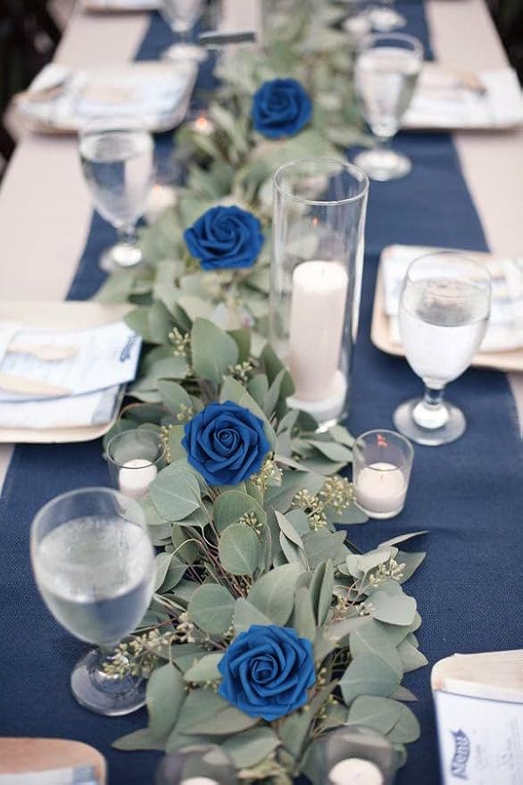 Royal Blue Roses 50PCS Artificial Blue Roses with Stems 2.95" Realistic Fake Blue Roses Foam Flowers for Baby Shower Centerpieces Kissing Ball Table Decor for Party (Royal Blue)