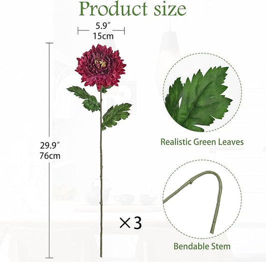 Hollyone 3Pcs Fake Mums Flowers Red Artificial Chrysanthemum Flowers Silk 30" Long Stem Floral Arrangements Bouquets Faux Spider Mum Flower Pincushion Flower Bush Spring Home Decor