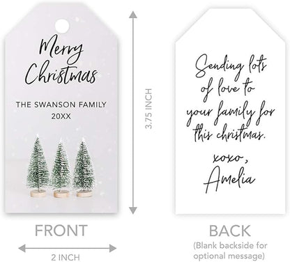 Andaz Press Personalized Christmas Holiday Season Classic Gift Tags, Merry Christmas Custom Family Name and Year, Bottle Brush Christmas Tree Design, for Holiday Events, Parties, and Favors, 60-Pack