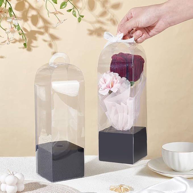 BENECREAT 12Pcs Single Rose Flower Box Empty Bag, Clear Flower Packing Boxes Flower Gift Boxes for Graduation Wedding Birthday Floral Gift Floral Arrangement Supply, Black
