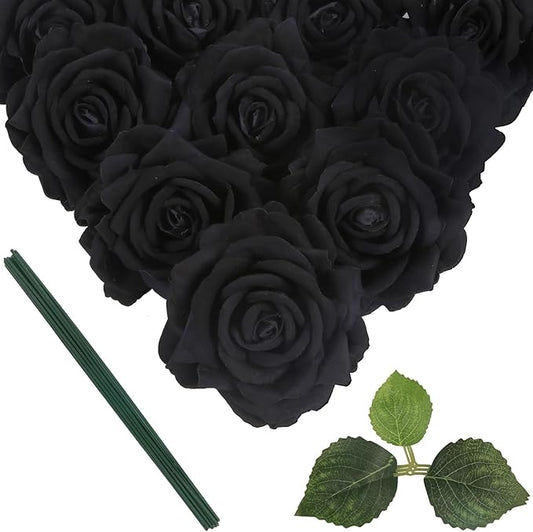 IPOPU 5 Inches Black Artificial Large Rose Heads Bulk Fake Black Roses with Stem 10pcs Faux Rose Silk Flower Head for DIY Wedding Bouquet Arrangements Gifts Gothic Decor