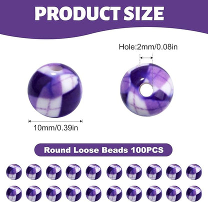 100 PCS 10mm Resin Beads Bulk for Bracelet Making Kit, Purple and White Grid Printed Round Loose Beads for Jewelry Earring Necklace Rings Art Craft DIY Projects