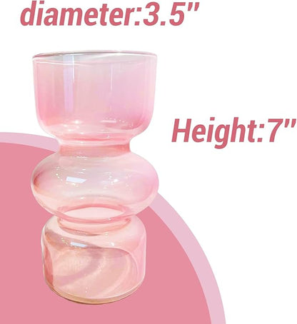 BLOFLO Pink Transparent Glass Hydroponic Vase, 7Inches Colored Glass Vase for Flower, Modern Geometric Three-Layer Floral Vases for Home Office Wedding Table Décor(Pink)