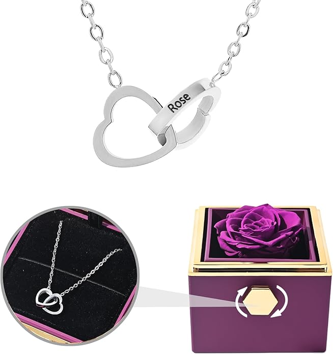 ‌TINGKU Eternal Real Rose Gift Box for Women, Preserved Rose with Customized Name Engraved Heart Necklace, Personalized Romantic Gift for Wife, Girlfriend, Mom, Mother's Day Love Keepsake