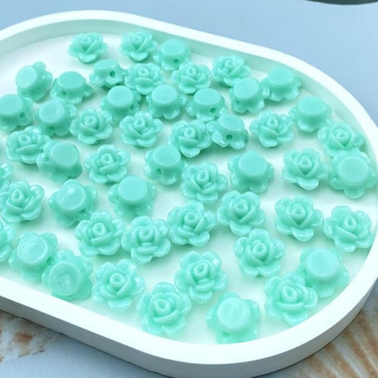 200pcs Acrylic Rose Flower Beads Candy Color Flat Back Spacer Beads Loose Pastel Colorful Decor for DIY Crafts Jewelry Making Bracelet Necklace Earrings(Lake Green)