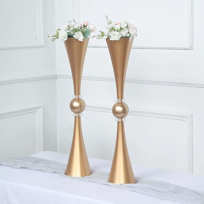Efavormart 2 Pack | 27" Gold Crystal Embellishment Trumpet Table Centerpiece, Reversible Plastic Flower Vase