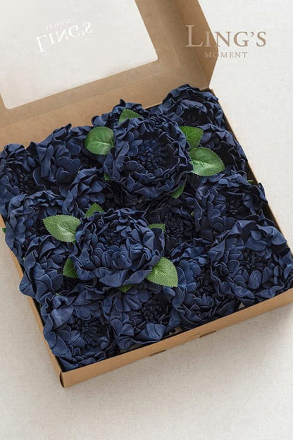 Ling's moment Flowers 16pcs Navy Blue Blooming Peonies Artificial Flowers with Stem, Artificial Peony Flowers for DIY Wedding Decorations Centerpieces Bouquets Boutonnieres