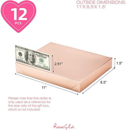 ROSEGLD 12 Gift Boxes with Lids - 11x8.5x1.5 Inches, Apparel Gift Boxes in Glossy Rose Gold with Grain Texture