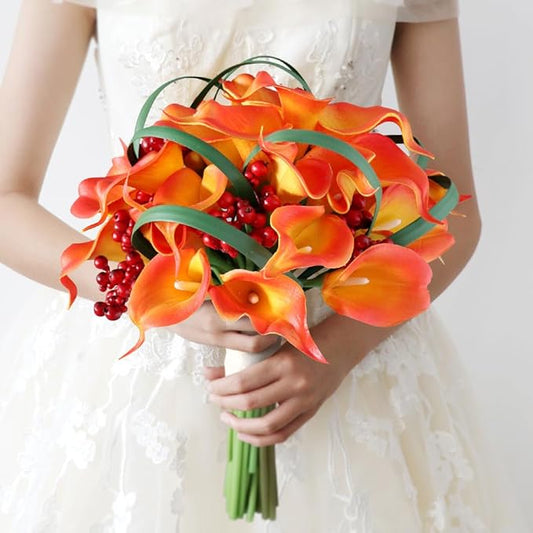 S_SSOY Wedding Bouquet Bride,Bride Bridal Bouquet Bridesmaid Artificial Flowers for Ceremony Anniversary Party Bridal Shower Decoration Wedding Bouquets (Orange Calla Lily)