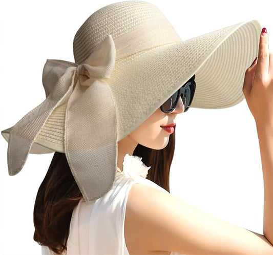 DRESHOW Beach Hats for Women Big Straw Wide Brim Summer Hat Floppy Foldable Roll up Cap Sun Hat UPF 50+