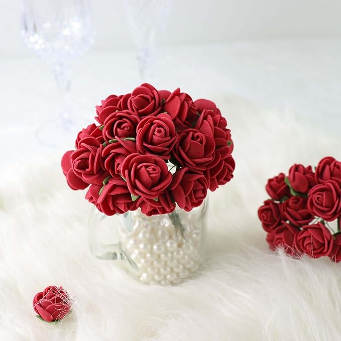 Efavormart 48 Roses | 4" Tall Burgundy Real Touch Artificial DIY Foam Rose Flowers with Stem, Craft Rose Buds