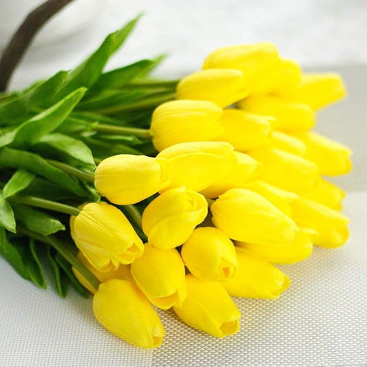 30pcs Artificial Tulips Flowers Real Touch Yellow Tulips Fake Holland PU Tulip Bouquet Latex Flowers for Wedding Party Office Home Kitchen Decoration (Yellow)