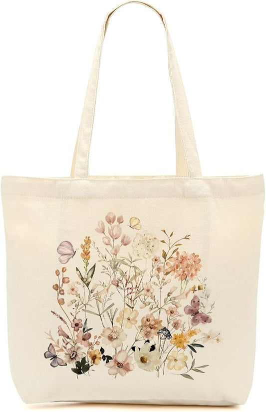 Aesthetic Floral Canvas Tote Bag for Women with Pocket, Tote Bags for Grocery Shopping Travel Christmas Birthday