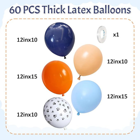 Dog Paw Balloons Orange and Blue 60pcs 12 Inch Paw Print Puppy Balloons Navy Blue Pastel Orange Beige Latex Helium Balloon for Boys Paw Space Theme Baby Shower Blue Birthday Party Decorations