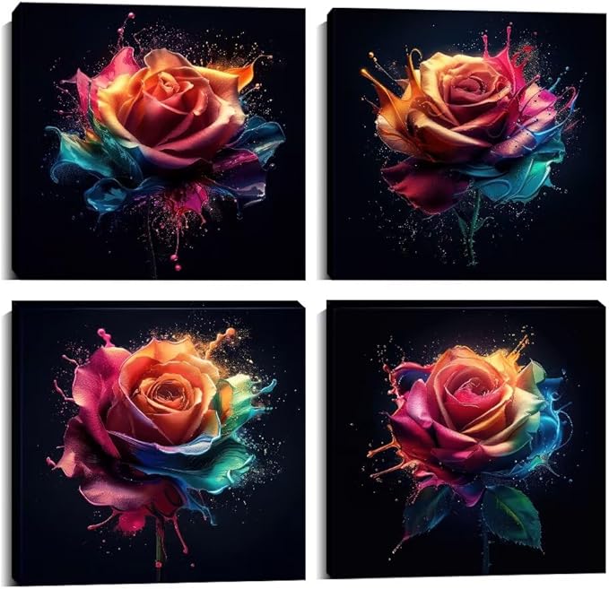 Pankila Colorful Rose Wall Art Rose Floral Pictures Canvas Prints Abstract Rose Flower Wall Decor for Living Room Bedroom Bathroom Home Decorations Framed Artwork (24''W x 24''H x 4)