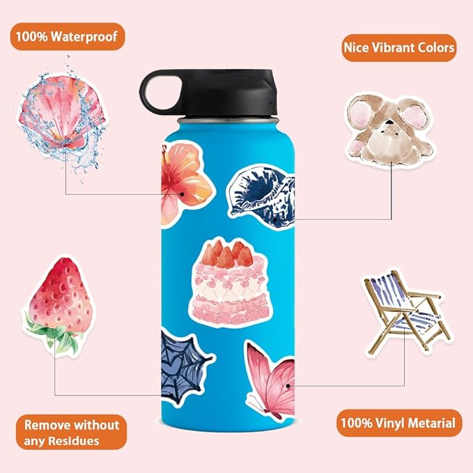 100 PCS Pink Aesthetic Stickers for Woman, Watercolor Summer Stickers for Water Bottles,Laptop Scrapbook Journaling Skateboard Surfboard Vinyl Waterproof Decorative Decals for Adults