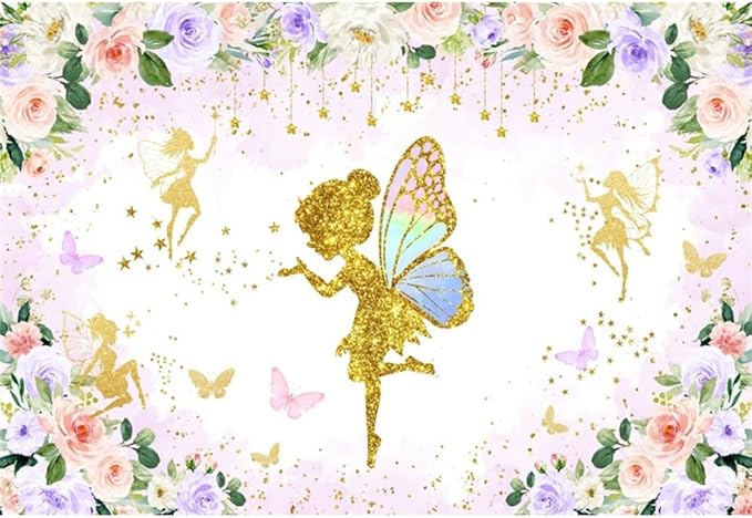 Renaiss 10x8ft Floral Fairy Backdrop Pink Gold Flower Butterflies Golden Glitter Princess Fairy Birthday Party Photography Background for Girl Baby Shower Decor Photo Studio Props