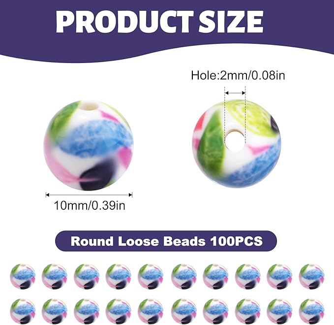 100 PCS 10mm Resin Beads Bulk for Bracelet Making Kit, Green Leaves Printed Round Loose Beads for Jewelry Earring Necklace Rings Art Craft DIY Projects
