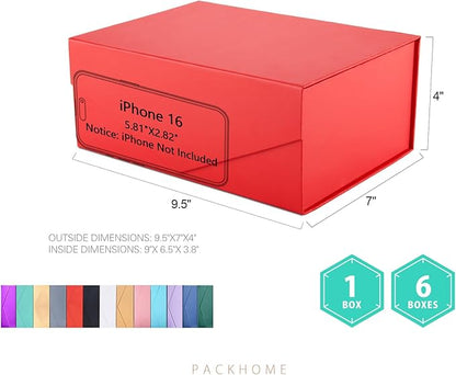 PACKHOME Christmas Gift Box 9x6.5x3.8 Inches, Rectangle Collapsible Box with Magnetic Lid for Xmas Gift Packaging (Matte Red, Grain Texture)