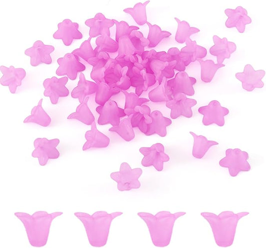 Crafans 50Pcs Frosted Acrylic Flower Beads 17.5x12x1.5mm Transparent Floral Pendants Clear Flower Bead Caps Loose End Spacer Beads for Jewelry Making (Medium Violet Red)